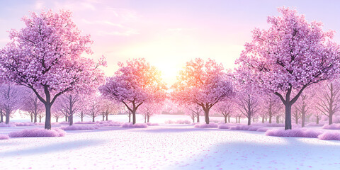 A serene winter wonderland with blossoming pink cherry trees.