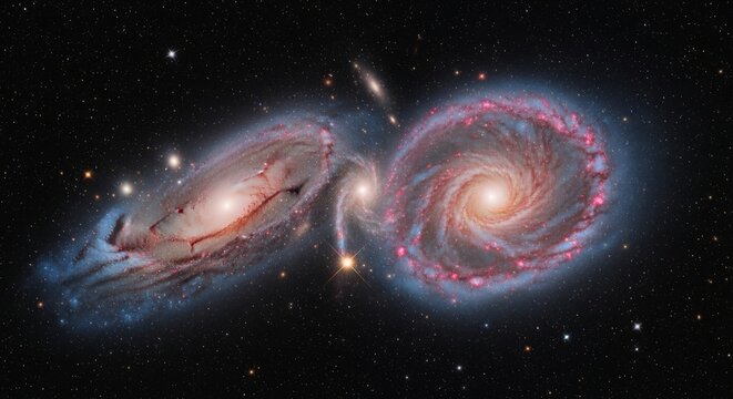 Interacting Spiral Galaxies in Deep Space - Stunning image of two spiral galaxies interacting, showcasing vibrant colors and cosmic dust. A breathtaking view of the universe.