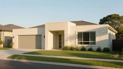 A modern - style single - family house with a simple appearance, soft color matching, and a neat courtyard, conveying a warm, livable, and fashionable residential atmosphere.