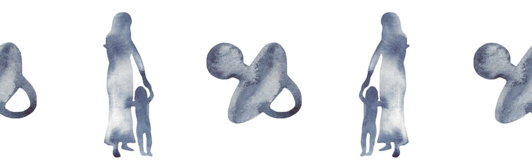 Watercolor border with silhouettes of a baby and family.Brush strokes in the form of blue silhouettes of bear.Silhouette of toy on white background