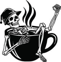 A skeleton wearing a hat relaxes in a steaming cup of coffee.