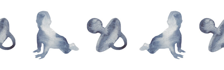 Watercolor border with silhouettes of a baby.Brush strokes in the form of blue silhouettes of bear.Silhouette of toy on white background