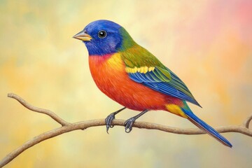Fototapeta premium Portrait of painted bunting perched on twig, side view, colorful plumage against soft background