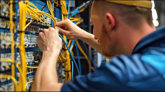 Experienced IT technician reconnecting delicate ribbon cables and securing internal hardware modules inside a PC case, performing thorough maintenance and ensuring proper component alignment.