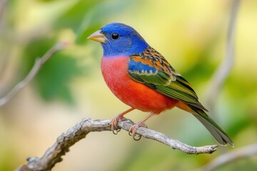 Portrait of painted bunting perched on twig, side view, colorful plumage against soft background