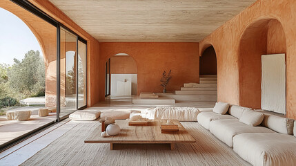 Interior design with terracotta walls and large windows showcasing a modern living space and minimal decor