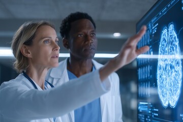 Diverse team of doctors analyze a 3D brain scan with AI data on a futuristic transparent screen. AI in medicine and advanced diagnostics concept