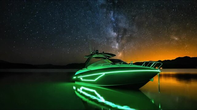 A boat on a still body of water at night, illuminated by green lights, with a starry sky and mountains in the background.