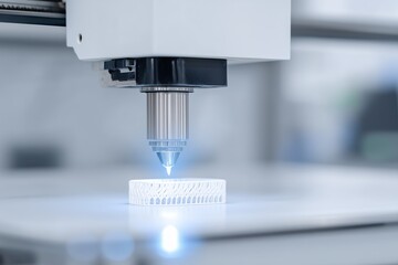 Extreme close-up of a 3D printer creating a custom medical implant in a lab. Personalized medicine and bio-printing technology concept