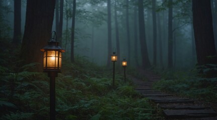 Lighted Lantern on Path Through Foggy Forest