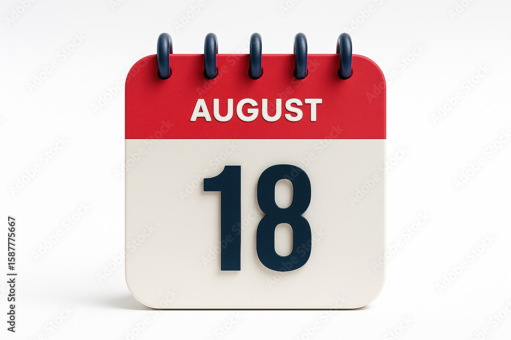 Poster august 18th calendar page reminder with red header and dark blue number on white background for impo