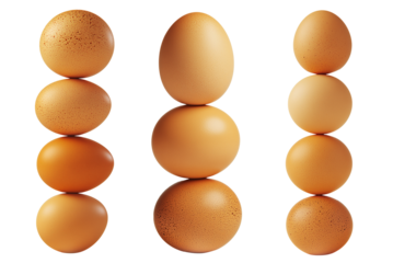 Brown eggs stacked vertically, balancing on top of each other isolated on white transparent background. Concept of Easter, food, fertility, and organic nutrition