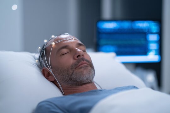 Patient sleeps peacefully in a comfortable sleep study lab, connected to polysomnography sensors monitoring brain waves. Sleep science