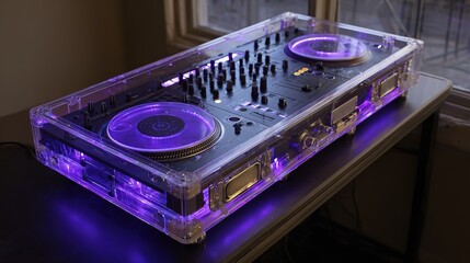 Cybernetic music mixer with floating interface panels, futuristic furniture concept for entertainment venues and smart home systems