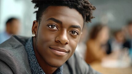 Confident Entrepreneur: A young, confident entrepreneur with a warm smile captivates, offering a glimpse into a vision of success and leadership.