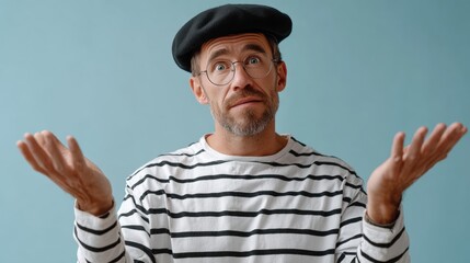 Man in a striped shirt and beret shrugging with a confused expression against a blue background.