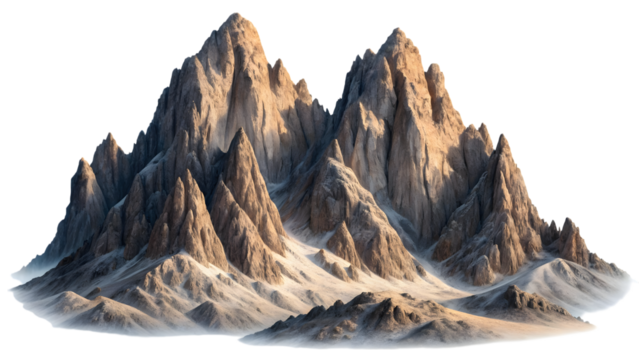 Majestic jagged mountain range with sharp peaks and rocky slopes bathed in warm sunlight isolated on transparent background