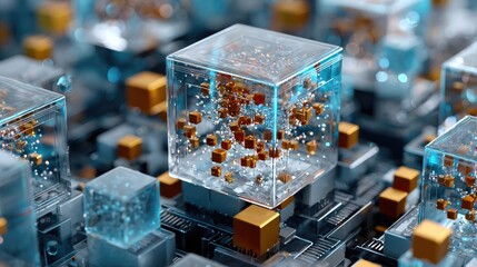 Crystalline Tech Cubes: High-tech crystalline cubes with intricate details, reflecting innovation and futuristic concepts in the realm of technology and engineering.