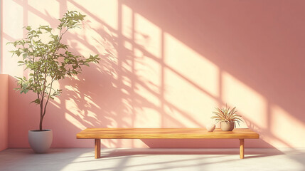 A serene indoor scene featuring a potted plant bench and light casting shadows on a pink wall space