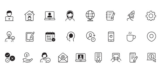 Fototapeta premium Freelance & Remote Work Line Icons – Unique Glyph Icon Pack for Digital Nomads, Virtual Office, Productivity & Online Jobs