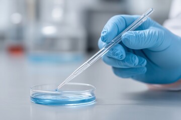 Scientist's hands in gloves using a micropipette in a biotech lab. Concept of genetics, research, pharmaceutical development, and scientific discovery