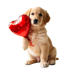 Golden Retriever Puppy with Red Heart Balloon

