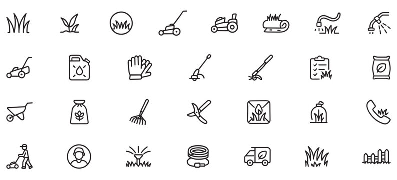 Lawn Care Service Line Icons Pack – Icons Featuring Grass Cutting, Landscaping Tools, Fertilization, Irrigation, and Garden Maintenance Symbols