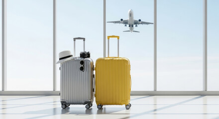 Silver and yellow suitcases with hat and camera in airport terminal with airplane flying outside window