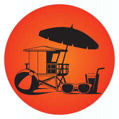 summer vector illustration sea beach palm trees, chair and beach umbrella summer vintage t shirt design ,mug design, poster design	