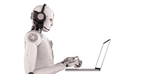 Futuristic Robot Customer Service AI Assistant Typing on Laptop