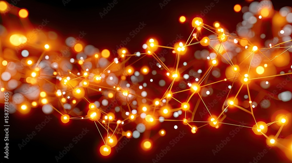 Poster illuminating network: a vibrant depiction of interconnected nodes and lines, radiating with a warm, 