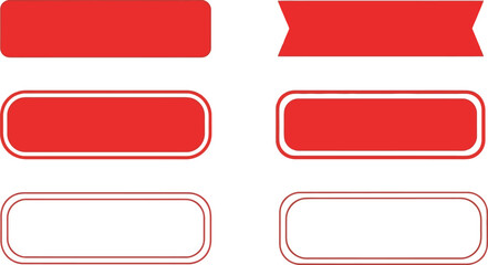 A set of six red banner shapes and button designs isolated on a white background