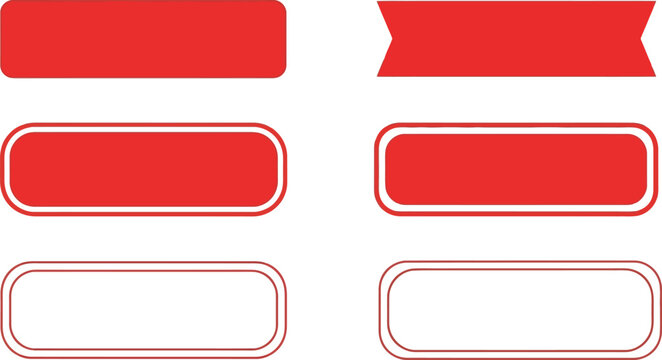 A set of six red banner shapes and button designs isolated on a white background
