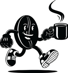 Cartoon coffee bean character running with a steaming mug, depicted in black and white.