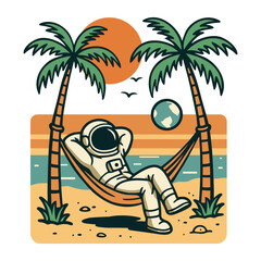 Astronaut Relaxing in Hammock on Tropical Beach with Earth and Sunset &ndash; Retro Sci-Fi Vacation Illustration