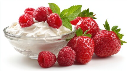 A glass bowl of creamy yogurt topped with fresh raspberries and surrounded by ripe strawberries, garnished with green mint leaves.