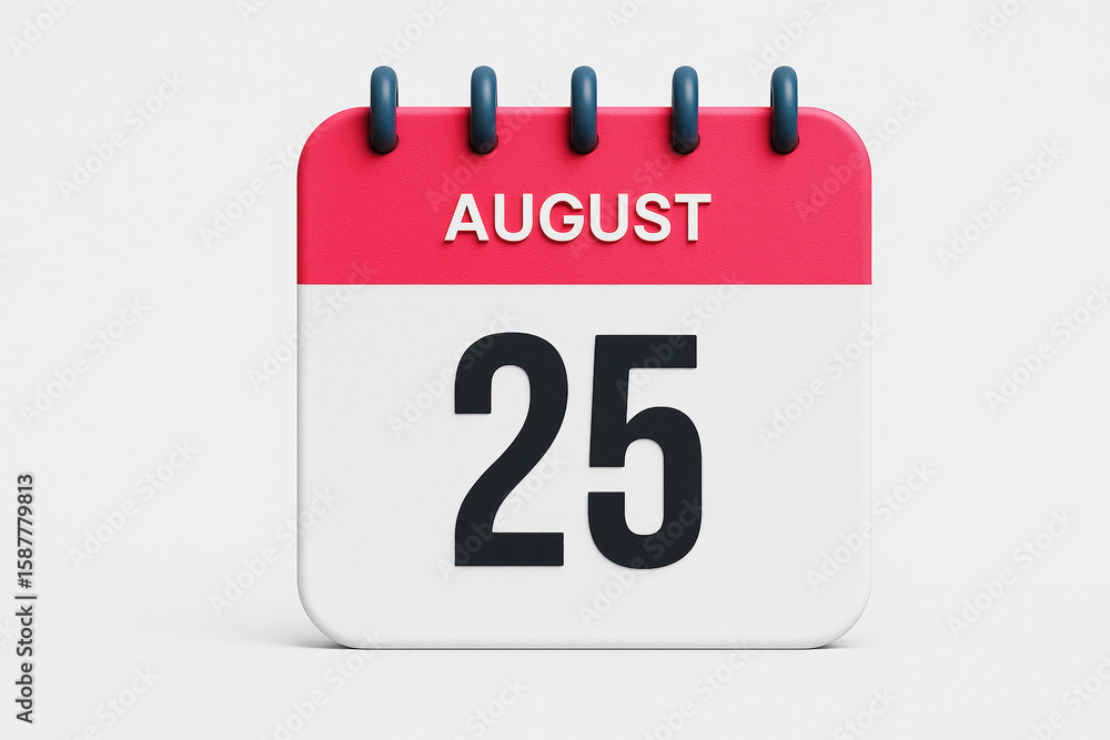 Poster august 25th calendar icon with red header and dark blue numbers for scheduling and reminders in digi