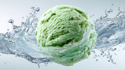 Obraz premium A scoop of green ice cream is dramatically splashed by water, creating a dynamic and refreshing visual.