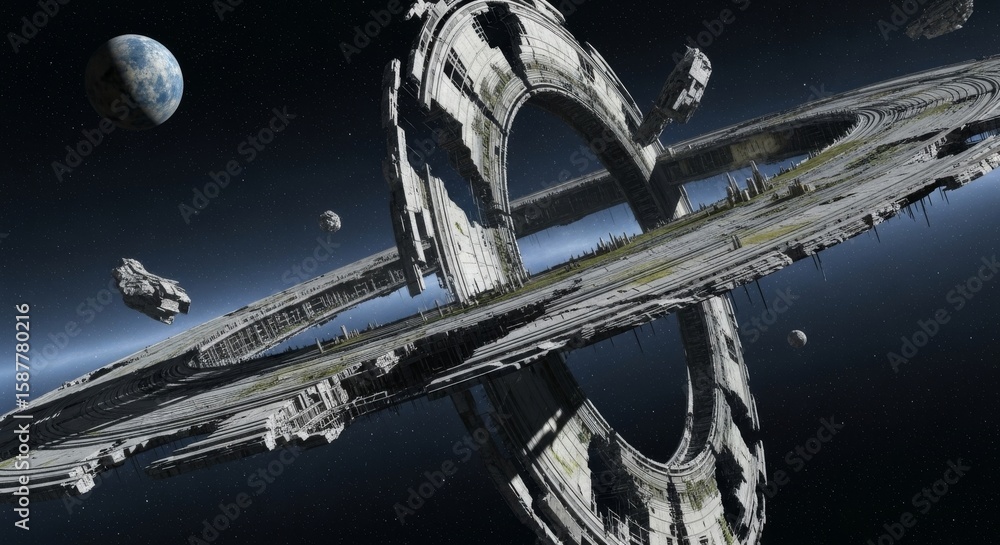 Poster space station orbiting planet - a large, damaged space station orbits a blue planet in deep space. d