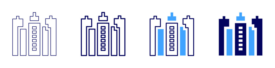 City icon in 4 different styles. Thin Line, Line, Bold Line, Duotone. Duotone style. Editable stroke