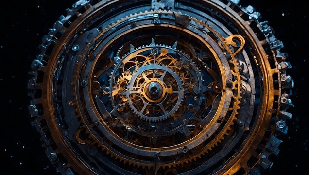 A cosmic mechanical system where planets rotate like gears, starry space background, steampunk celestial design, glowing metal elements, high contrast lighting, detailed concept art, no people - Powered by Adobe