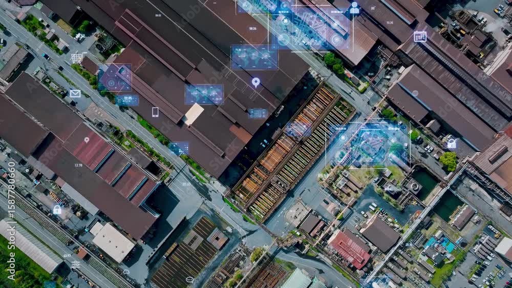 Poster 工場、製造業、テクノロジー、dx、真俯瞰、ドローン、空撮、産業、iiot、プラットフォーム、インフラ、システム、gui、未来、社会、ものづくり、ai、iot、5g、センサー、スマート、オートメーション
