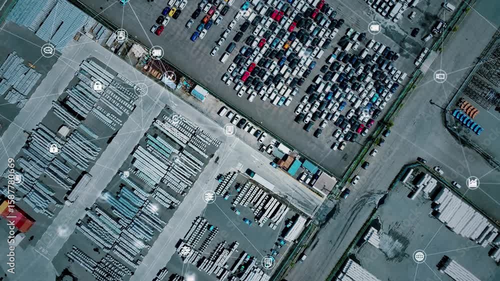 Poster 工場、自動車、製造業、産業、ネットワーク、テクノロジー、dx、iiot、モータープール、駐車場、交通、未来、デジタルトランスフォーメーション、空撮、真俯瞰、通信、スマート、iot、5g、ai、センサー