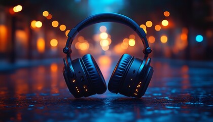 Black Headphones on Wet Street with Colorful City Reflections

