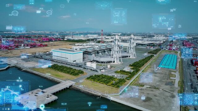 factory, power plant, dx, technology, industry, tech, future, ict, gui, digital transformation, thermal power plant, energy, electricity, smart, aerial view, infrastructure, system, iot, cloud, ai, se