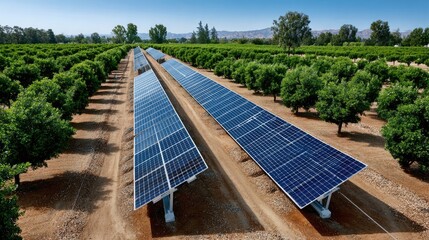 Solar Power Field in Agricultural Setting: An expansive array of solar panels stands majestically in an agricultural field, harnessing the sun's energy, a testament to sustainable practices.