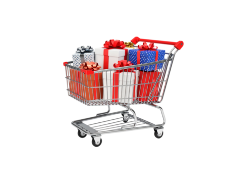 Shiny metal shopping cart with a red handle filled with a variety of colorful wrapped gift boxes. - Powered by Adobe