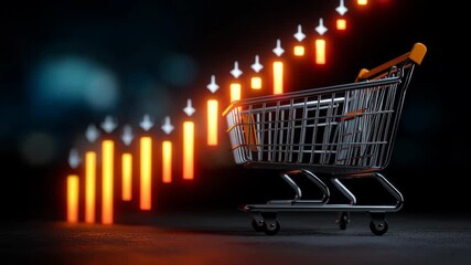 Shopping cart with glowing financial graph background symbolizing market trends and consumer behavior plus e commerce growth