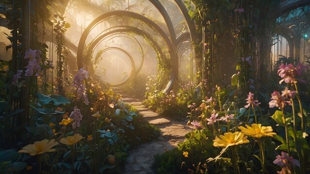 A magical garden where each plant represents a moment in time, glowing time loops within flowers, dreamy mist, sci-fi-fantasy hybrid style, soft golden light, detailed environment, no humans