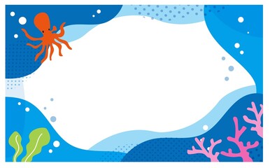 タコと珊瑚の海中イラストフレーム背景素材